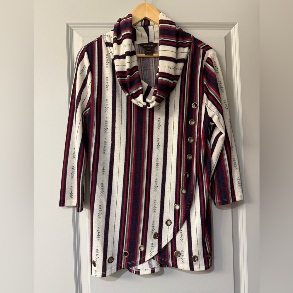 Multiples M Cowl Neck Tunic Top Boho Stripe Asymmetrical Button Grommet Blouse